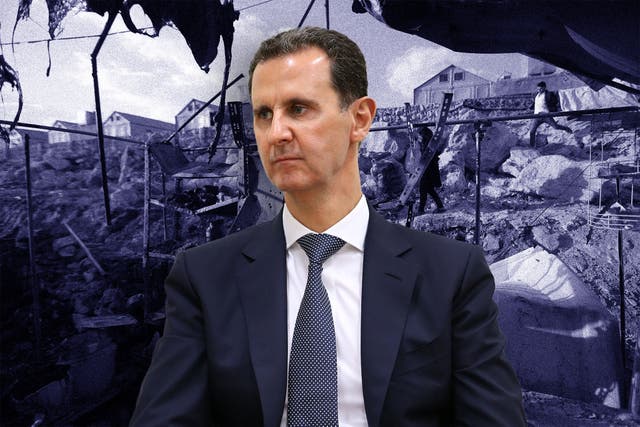 <p>Syrian President Bashar al-Assad (pictured) has been invited to the Cop28 climate summit. Background: Damage caused by reported regime shelling on the camp of Maram for internally displaced people near the village of Kafr Jales in Syria's northwestern Idlib province, on November 6, 2022</p>
